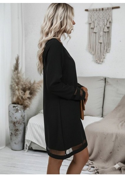 Cottonlab Kadın Uzun Kollu V Yakalı Tül Şerit Detaylı Mini Krep Elbise fiyatları