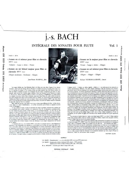 J.s. Bach - Jean-Pierre Rampal, Robert Veyron-Lacroix – Intégrale Des Sonates Pour Flute, Vol.1 Lp