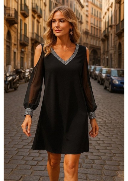 Cottonlab Kadın Uzun Kollu V Yaka Kollar Tül Yırtmaç Detay Kol Manşetleri ve Yaka Payet Krep Elbise fiyatları