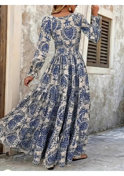 Cottonlab Kadın Uzun Kollu V Yakalı Desenli Süprem Elbise modelleri