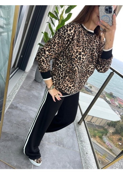 Cottonlab Kadın Uzun Kollu Bisiklet Yaka Leopar Desenli Iki Iplik Bluz ve Viskon Iki Iplik Pantolon Ikili Takım indirimleri