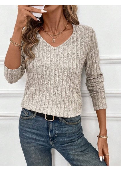 Cottonlab Kadın Uzun Kollu V Yakalı Arkadan Dantel Detaylı Şardonlu Kaşkorse Bluz indirimleri