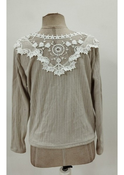 Cottonlab Kadın Uzun Kollu V Yakalı Arkadan Dantel Detaylı Şardonlu Kaşkorse Bluz