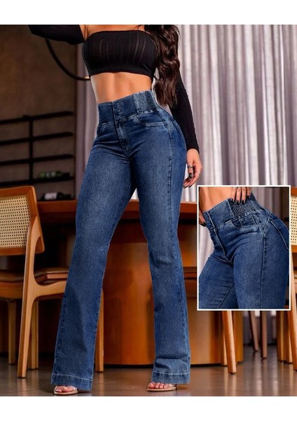 Cottonlab Kadın Yüksek Bel Yanları Lastik Önü Düğmeli Kot Pantolon