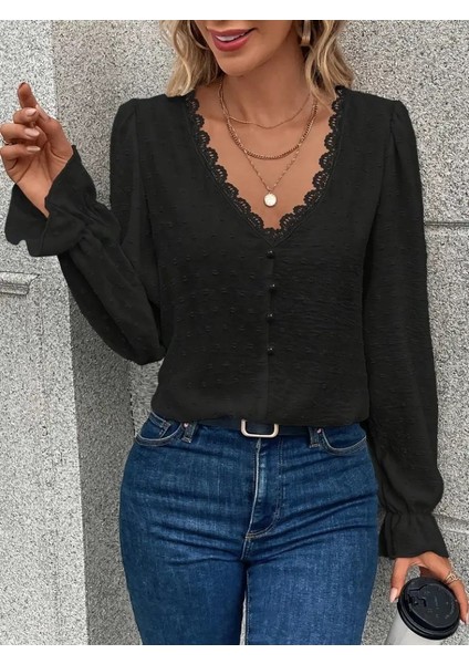 Cottonlab Kadın Uzun Kollu V Yakalı Önden Düğmeli Bluz