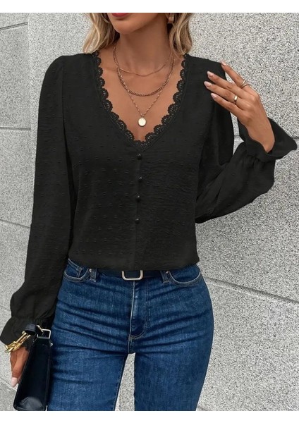 Cottonlab Kadın Uzun Kollu V Yakalı Önden Düğmeli Bluz fiyatları