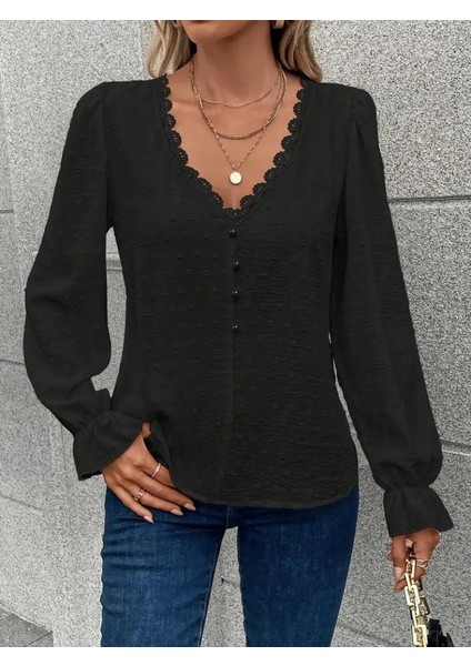 Cottonlab Kadın Uzun Kollu V Yakalı Önden Düğmeli Bluz modelleri
