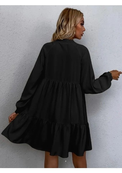 Cottonlab Kadın Uzun Kollu Yakadan Bağcıklı Fırfırlı Keten Mini Elbise indirimleri