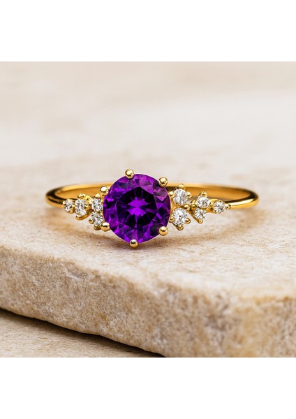 14 Ayar Altın Minimal Ametist Yüzük modelleri