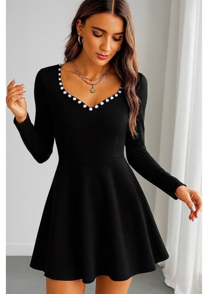 Cottonlab Kadın Uzun Kollu Inci Yakalı Kısa Ithal Krep Elbise modelleri