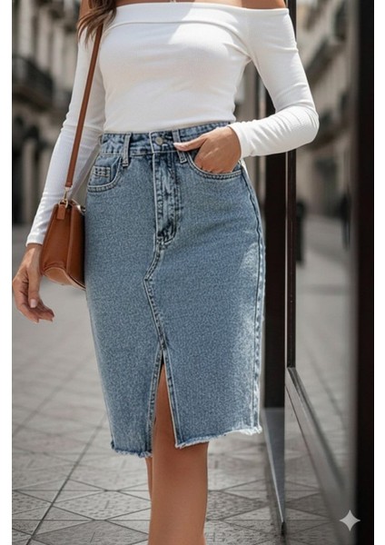 Cottonlab Kadın Elastik Bel Yırtık Kenar Detaylı Kot Etek