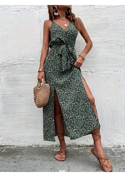 Cottonlab Kadın Ip Askılı Kruvaze Yakalı Yırtmaçlı Uzun Desenli Kuşaklı Süprem Elbise modelleri