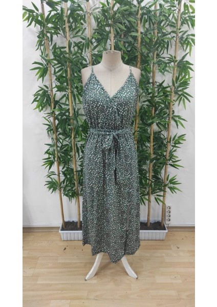 Cottonlab Kadın Ip Askılı Kruvaze Yakalı Yırtmaçlı Uzun Desenli Kuşaklı Süprem Elbise