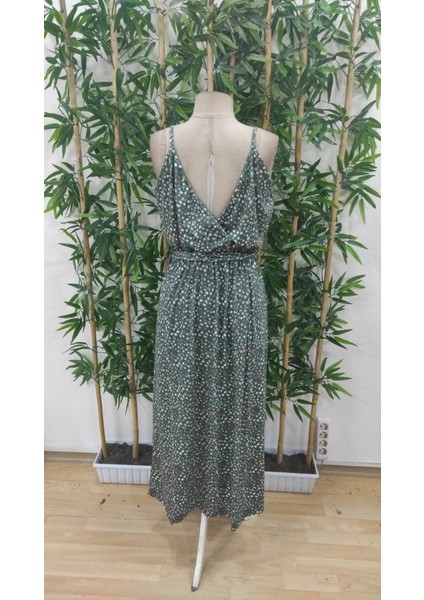 Cottonlab Kadın Ip Askılı Kruvaze Yakalı Yırtmaçlı Uzun Desenli Kuşaklı Süprem Elbise