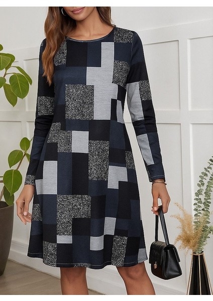 Cottonlab Kadın Uzun Kollu Yuvarlak Yaka Geometrik Süprem Elbise modelleri
