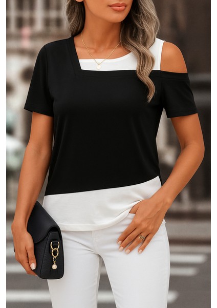 Cottonlab Kadın Kısa Kollu Geometrik Kesin Detaylı Çift Renkli Viskon Bluz