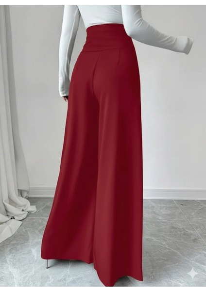 Cottonlab Kadın Yüksek Bel Düğmeli Geniş Paçalı Ithal Krep Pantolon