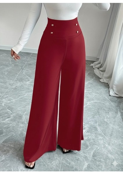 Cottonlab Kadın Yüksek Bel Düğmeli Geniş Paçalı Ithal Krep Pantolon modelleri