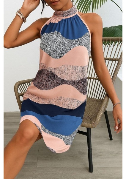 Cottonlab Kadın Kolsuz Boyundan Askılı Desenli Midi Süprem Elbise