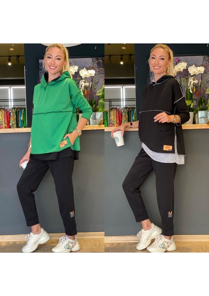 Cottonlab Kadın Yeşil Kapşonlu Etek Ucu Detay Arma Ters Dikiş Gorunumlu Ikili Takım fırsatları