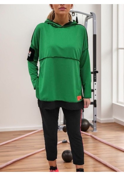 Cottonlab Kadın Yeşil Kapşonlu Etek Ucu Detay Arma Ters Dikiş Gorunumlu Ikili Takım