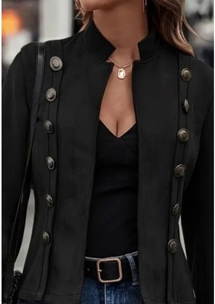 Cottonlab Kadın Uzun Kollu Hakim Yaka Yanlardan Düğmeli Kısa Süet Ceket fiyatları