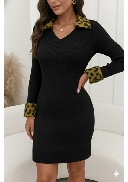 Cottonlab Kadın Uzun Kollu V Yakalı Kürk Detaylı Kaşkorse Elbise