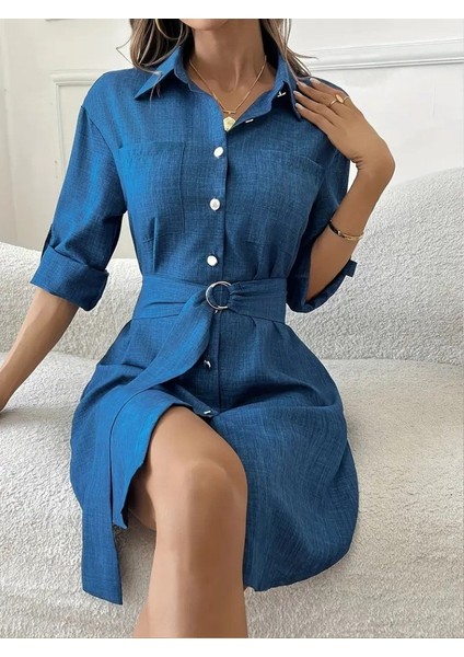 Cottonlab Kadın Uzun Kollu Yakalı Önden Düğmeli Beli Kuşaklı Mini Ithal Keten Elbise