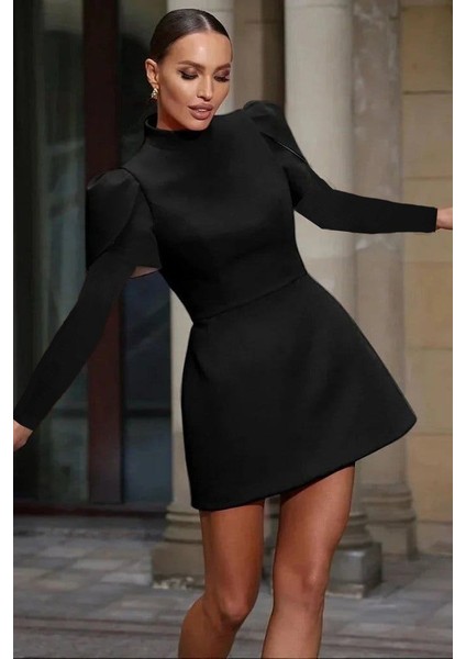 Cottonlab Kadın Uzun Kollu Yarı Balıkçı Yaka Arkadan Kurdela Detaylı Mini Atlas Elbise fiyatları