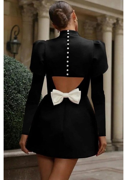 Cottonlab Kadın Uzun Kollu Yarı Balıkçı Yaka Arkadan Kurdela Detaylı Mini Atlas Elbise modelleri