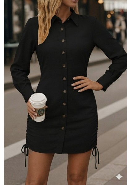 Cottonlab Kadın Uzun Kollu Gömlek Yaka Önden Düğmeli Yanlardan Büzgülü Kısa Aerobin Elbise