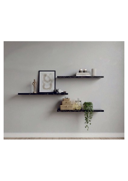 Duvar Rafı Uçan Raf Gizli Raf Ahşap Duvar Rafı Siyah Mermer Desen (15X55 cm 1 Adet + Montaj Aparatı)