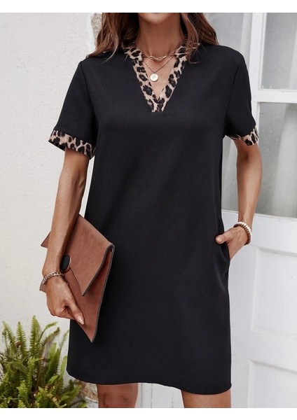 Cottonlab Kadın Kısa Kollu V Yakalı Leopar Desen Detaylı Modal Elbise indirimleri