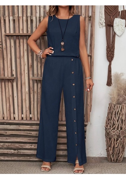 Cottonlab Kadın Kolsuz Düğmeli Asimetrik Detaylı Bürümcük Bluz ve Pantolon Takım modelleri