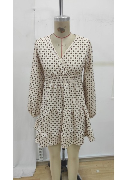 Cottonlab Kadın Uzun Kollu Kruvaze Yaka Desenli Mini Modal Elbise