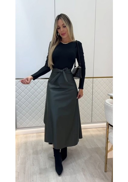 Cottonlab Kadın Belden Kuşaklı Uzun Deri Etek