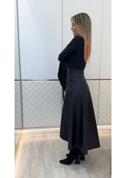 Cottonlab Kadın Belden Kuşaklı Uzun Deri Etek modelleri