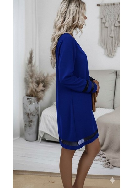 Cottonlab Kadın Uzun Kollu V Yakalı Tül Şerit Detaylı Mini Krep Elbise fiyatları