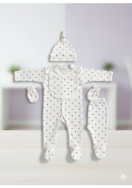 Pamuklu Mor Kalpli 5’li Yenidoğan Hastane Çıkışı Seti | Organik Kız Bebek Zıbın Takımı