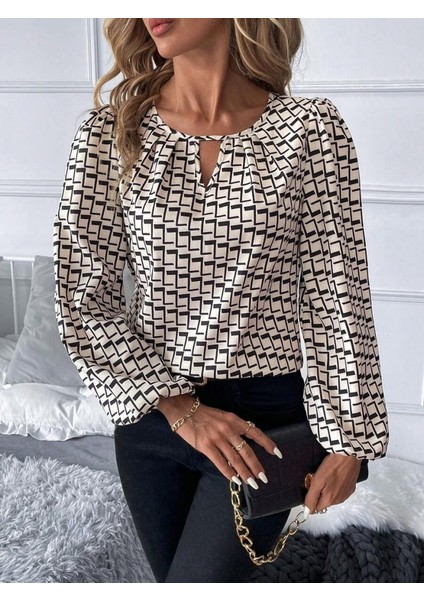Cottonlab Kadın Uzun Kollu Damla Detaylı Yaka Desenli Süprem Bluz