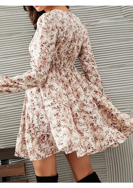 Cottonlab Kadın Uzun Kollu Dantel V Yakalı Mini Desenli Süprem Elbise indirimleri