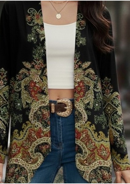 Cottonlab Kadın Uzun Kollu Önü Açık Desenli Şardonlu Dalgıç Ceket fiyatları