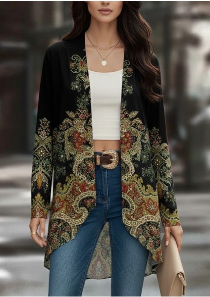 Cottonlab Kadın Uzun Kollu Önü Açık Desenli Şardonlu Dalgıç Ceket modelleri