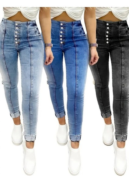 Cottonlab Kadın Yüksek Bel Önden Düğmeli Jean Pantolon fırsatları