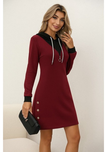 Cottonlab Kadın Uzun Kollu Kapşonlu Önden Fermuarlı Düğmeli Mini Iki Iplik Elbise fiyatları