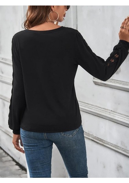 Cottonlab Kadın Uzun Kollu V Yakalı Dantel Detaylı Viskon Bluz fırsatları