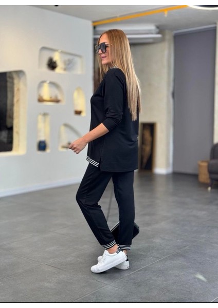 Cottonlab Kadın Uzun Kollu Ribana ve Fermuar Detay Bluz ve Yüksel Bel Pantolon 2li Takım