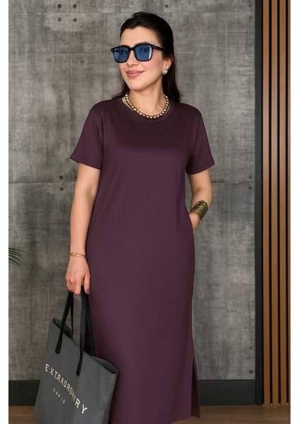 Cottonlab Kadın Kısa Kollu Bisiklet Yaka Yırtmaçlı Viskon Iki Iplik Elbise fırsatları