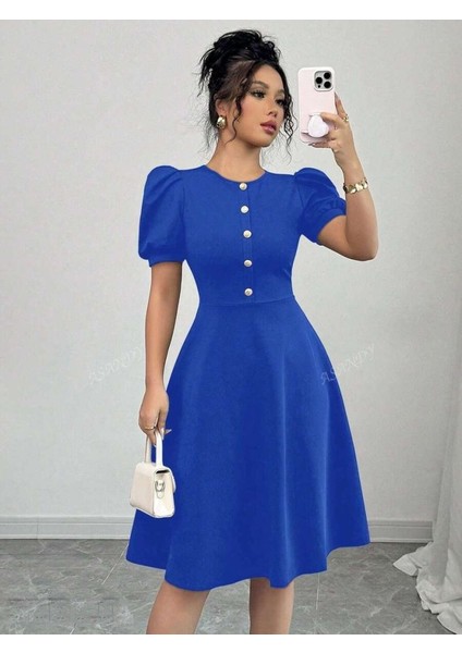 Cottonlab Kadın Kısa Kollu Bisiklet Yaka Önden Düğmeli Ithal Krep Elbise