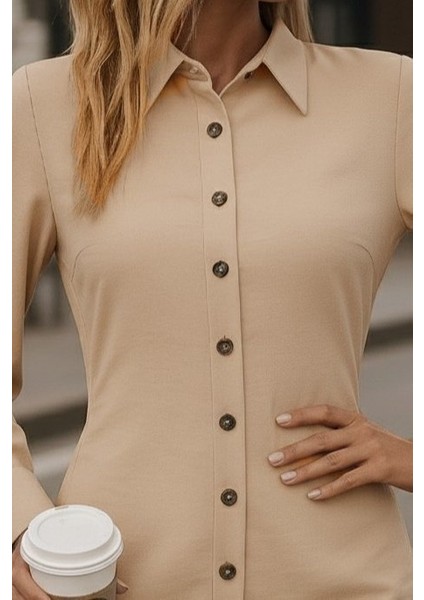 Cottonlab Kadın Uzun Kollu Gömlek Yaka Önden Düğmeli Yanlardan Büzgülü Kısa Aerobin Elbise